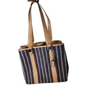Covington Denim Striped Tote Bag Womens Blue Tan Faux Leather Trim Turn Lock